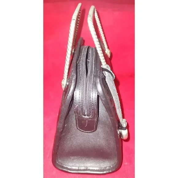 Vintage 1980s Brighton Black Croc Embossed Leather Double Metal Handle Box Purse